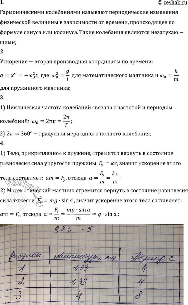 Изображение 1. Какие колебания называют гармоническими?    2. Как связаны ускорение и координата при...