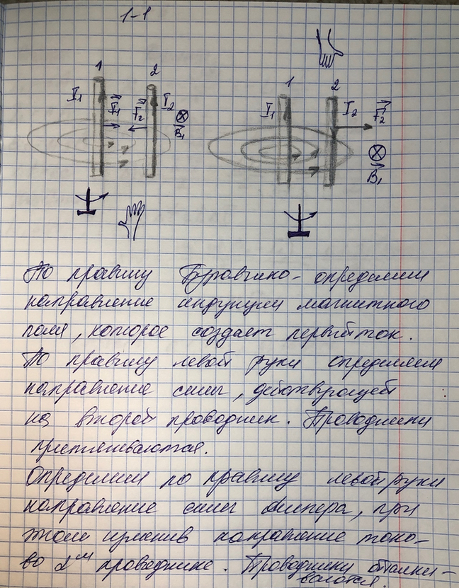 Изображение 1.	Используя правило буравчика и правило левой руки, покажите, что токи, направленные параллельно, притягиваются, а направленные противоположно —...