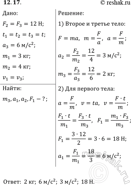 ����������� 12.17. ��� ���� ������� m_1, m_2 � m_3 ��������� �� ��������� ����� �� ���� � �� �� ����� ��� ��������� ��� F_1, F_2 � F_3, ������ m_1 = 3 ��, m_2 = 4 ��, ��������� �_3...