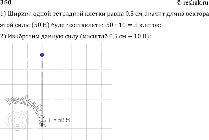 Изображение 360.	Изобразите графически силу, направленную вертикально вниз, модуль которой равен 50 Н (масштаб: 0, 5 см — 10 Н).1) Ширина одной тетрадной клетки равна 0, 5 см,...
