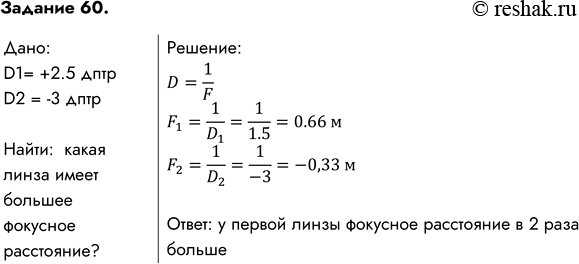Изображение Какая линза имеет большее фокусное расстояние: оптическая сила которой +1,5 или -3 дптр?Решение:D=1/FF_1=1/D_1 =1/1.5=0.66 мF_2=1/D_2 =1/(-3)=-0,33 мОтвет:...