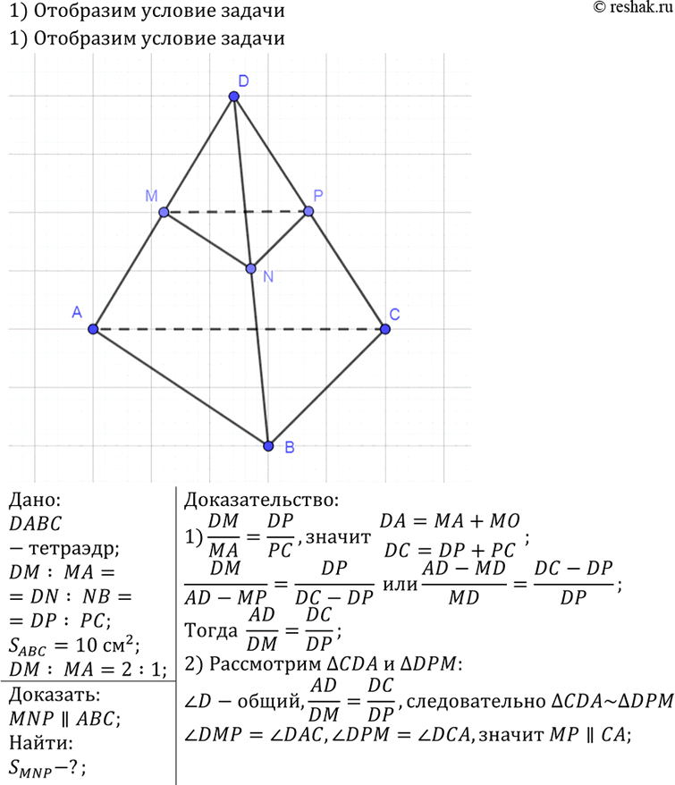 Изображение 103 Ha ребрах DA, DB и DC тетраэдра DABC отмечены точки M, N и P так, что DM : MA = DN : NB = DP : PC. Докажите, что плоскости MNP и ABC параллельны. Найдите площадь...