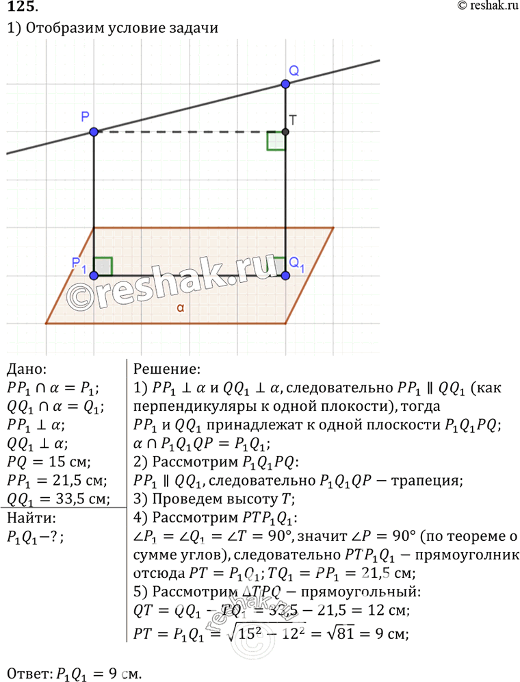 Изображение 125 Через точки P и Q прямой PQ проведены прямые, перпендикулярные к плоскости а и пересекающие ее соответственно в точках P1 и Q1. Найдите P1Q1, если PQ = 15 см, PP1 =...
