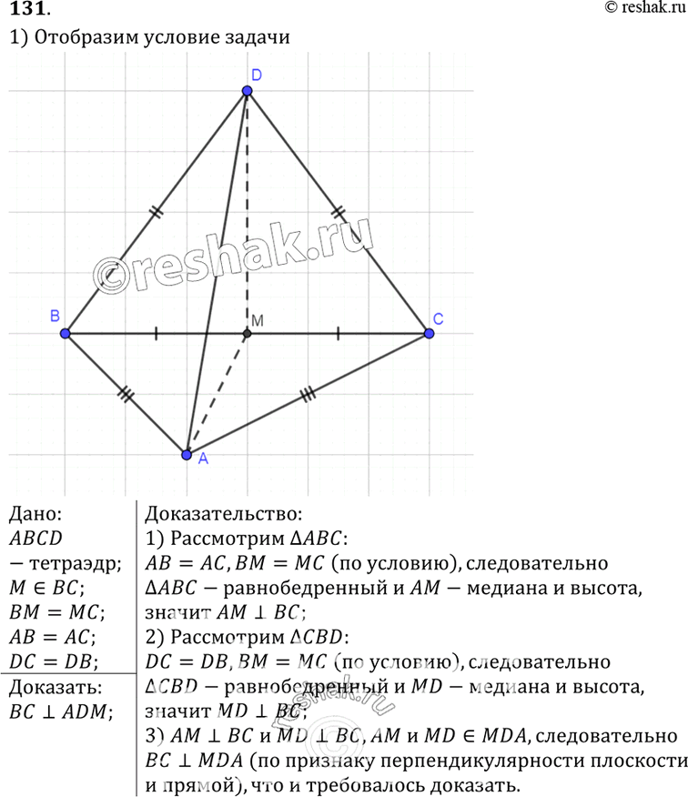 Изображение 131 B тетраэдре ABCD точка M— середина ребра ВС, AB=AC, DB = DC. Докажите, что плоскость треугольника ADM перпендикулярна к прямой...