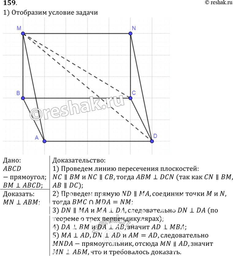 Изображение 159 Прямая BM перпендикулярна к плоскости прямоугольника ABCD. Докажите, что прямая, по которой пересекаются плоскости ADM и BCM, перпендикулярна к плоскости...