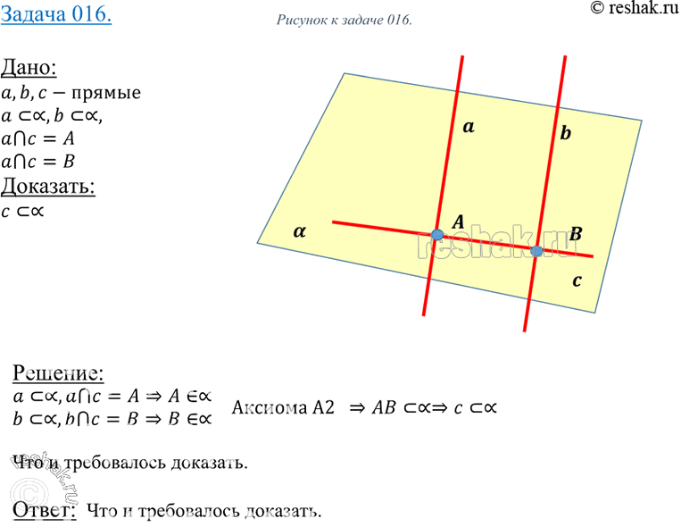 Изображение 16 Параллельные прямые а и b лежат в плоскости а. Докажите, что прямая с, пересекающая прямые а и b, также лежит в плоскости...