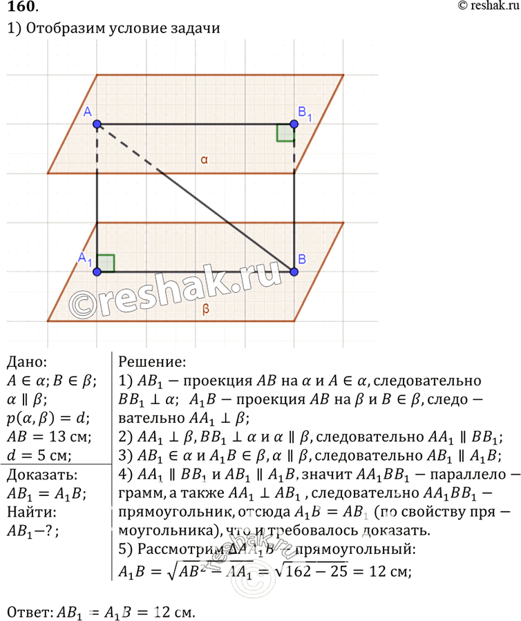 Изображение 160 Концы отрезка AB лежат на двух параллельных плоскостях, расстояние между которыми равно d, причем d < AB. Докажите, что проекции отрезка AB на эти плоскости равны....