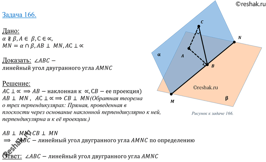 Изображение 166 Неперпендикулярные плоскости а и P пересекаются по прямой MN. B плоскости p из точки A проведен перпендикуляр AB к прямой MN и из той же точки A проведен...