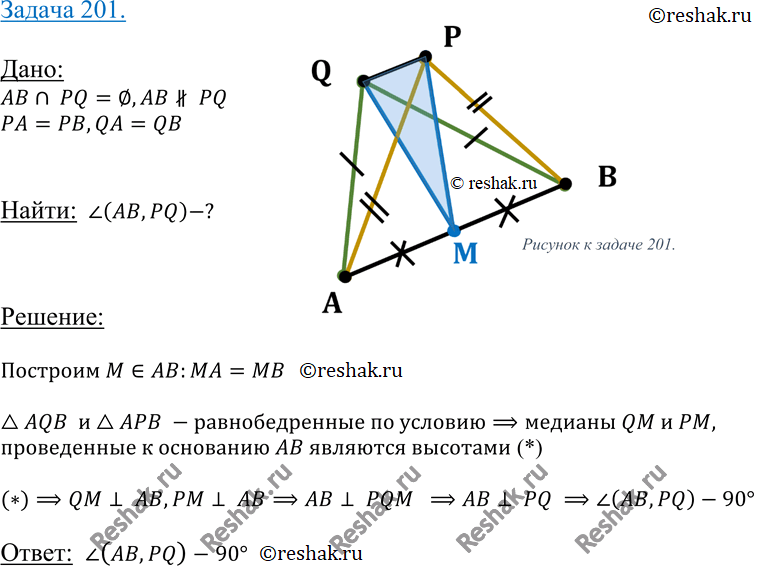 Изображение 201 Найдите угол между скрещивающимися прямыми AB и PQ, если точки P и Q равноудалены от концов отрезка...