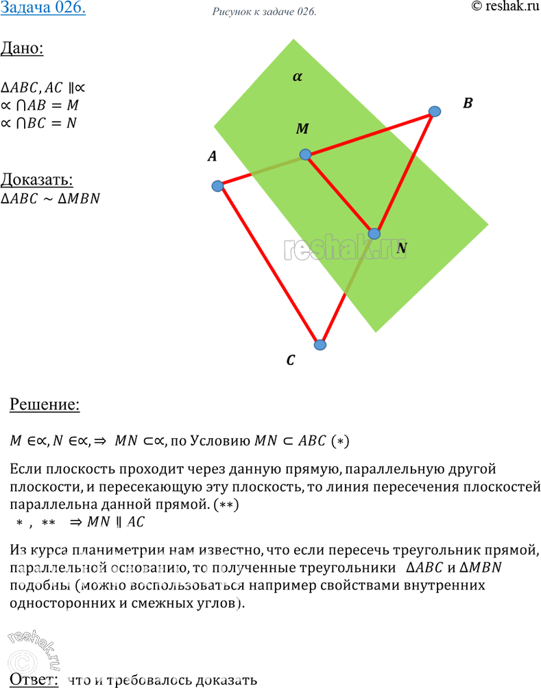 Изображение 26 Сторона AC треугольника ABC параллельна плоскости а, a стороны AB и BC пересекаются с этой плоскостью в точках M и N. Докажите, что треугольники ABC и MBN...