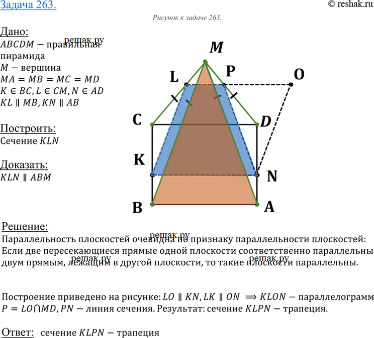 Изображение 263 B правильной пирамиде MABCD точки К, L и N лежат соответственно на ребрах ВС, MC и AD, причем KN || BA, KL || BM. а) Постройте сечение пирамиды плоскостью KLN и...