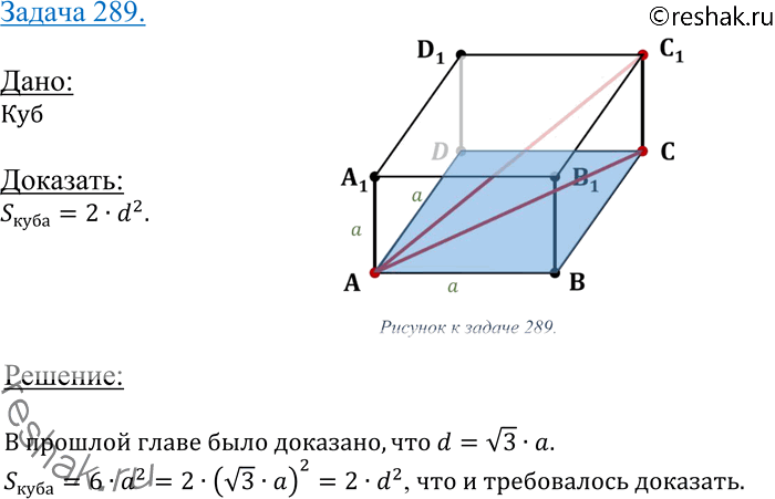 Изображение 289 Докажите, что площадь полной поверхности куба равна 2d2, где d — диагональ...
