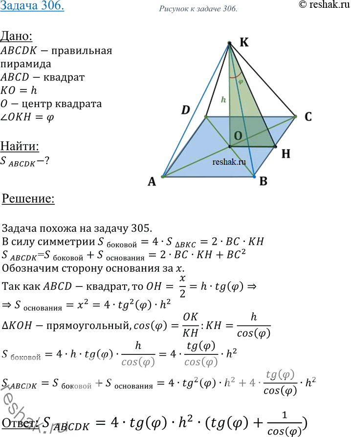 Изображение 306 Высота правильной четырехугольной пирамиды равна h и составляет угол ф с плоскостью боковой грани. Найдите площадь полной поверхности...