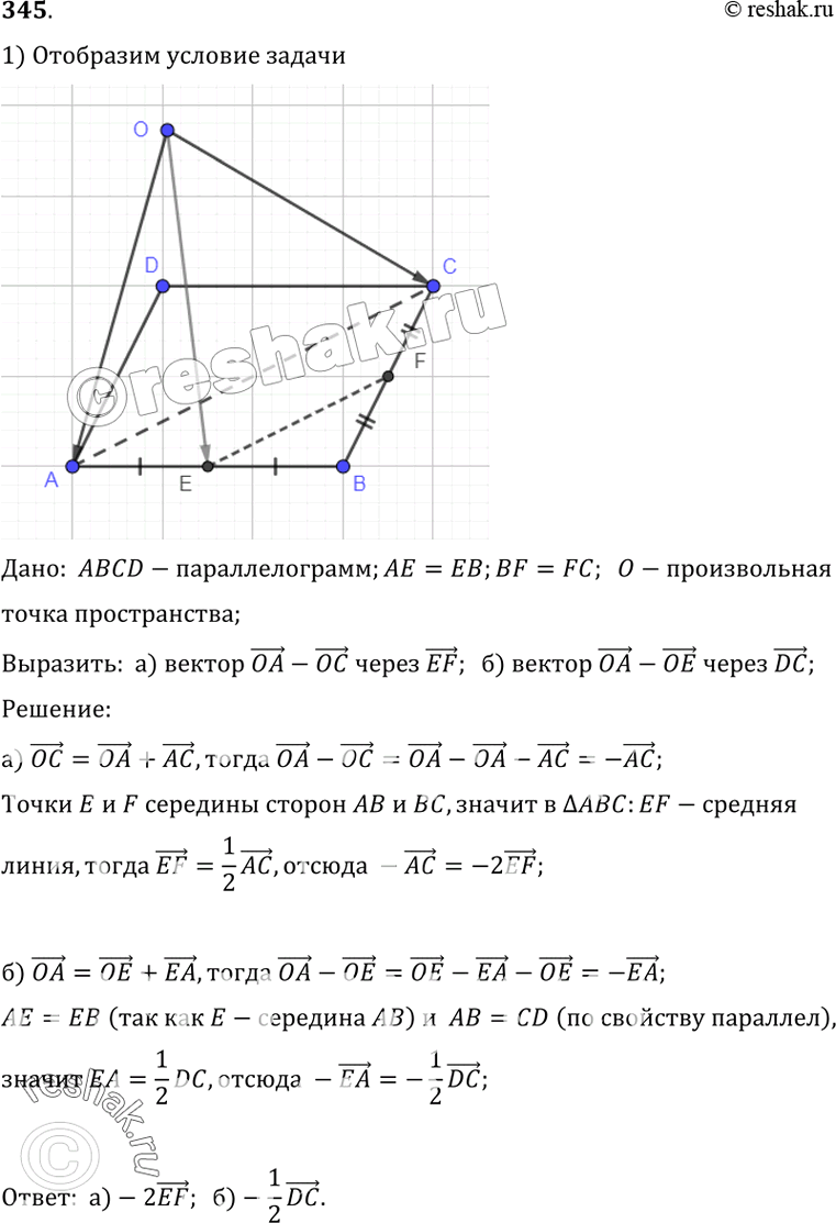 Изображение 345 Точки E и F — середины оснований AB и BC параллелограмма ABCD, а O — произвольная точка пространства. Выразите: а) вектор OA - OC через вектор EF; б) вектор OA - OE...