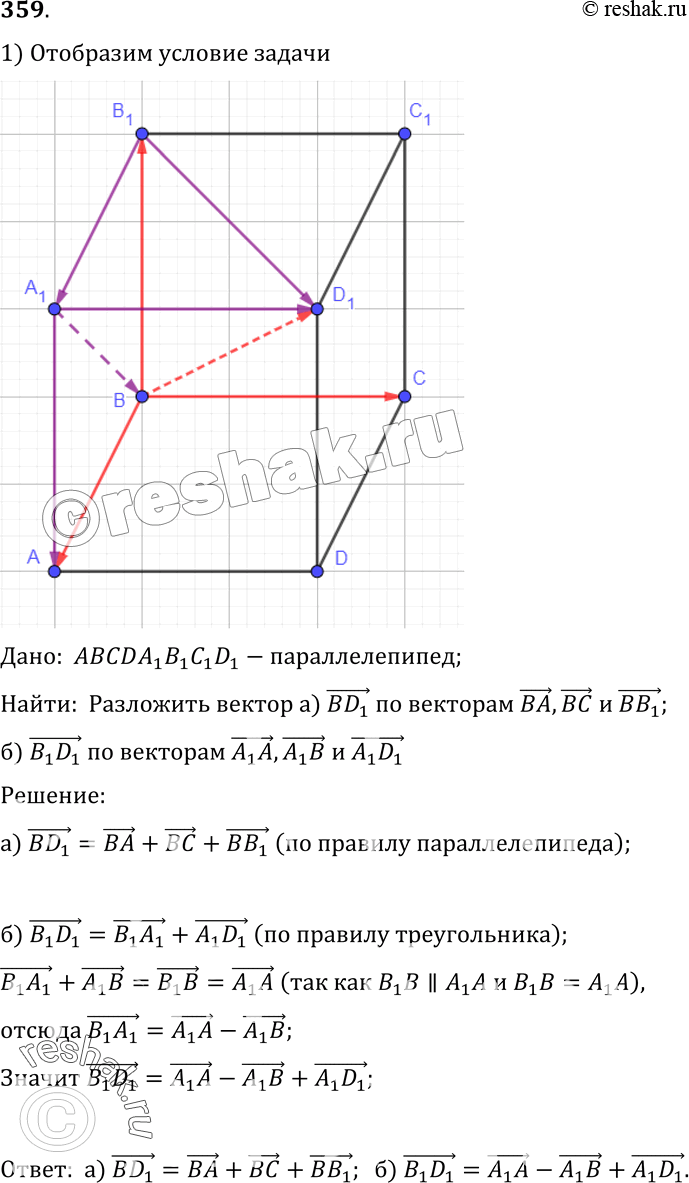 Изображение 359 Дан параллелепипед ABCDA1B1C1D1. а) Разложите вектор BD1 по векторам BA,BC и BB1. б) Разложите вектор B1D1 по векторам A1A, A1B и...