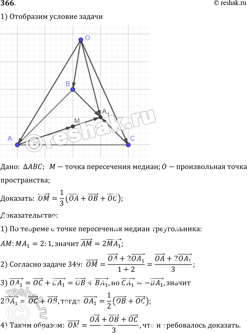 Изображение 366 Докажите, что если M — точка пересечения медиан треугольника ABC, а 0 — произвольная точка пространства, тоOM = I {OA. + OB + ОС).РешениеПо теореме о точке...