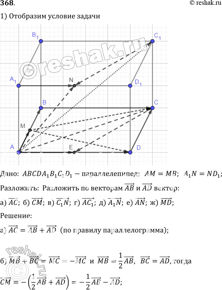 Изображение 368 Точки M и N являются серединами ребер AB и A1D1 параллелепипеда ABCDA1B1C1D1.Разложите, если это возможно, по векторамAB и AD вектор: а) AC; б) CM; в)...