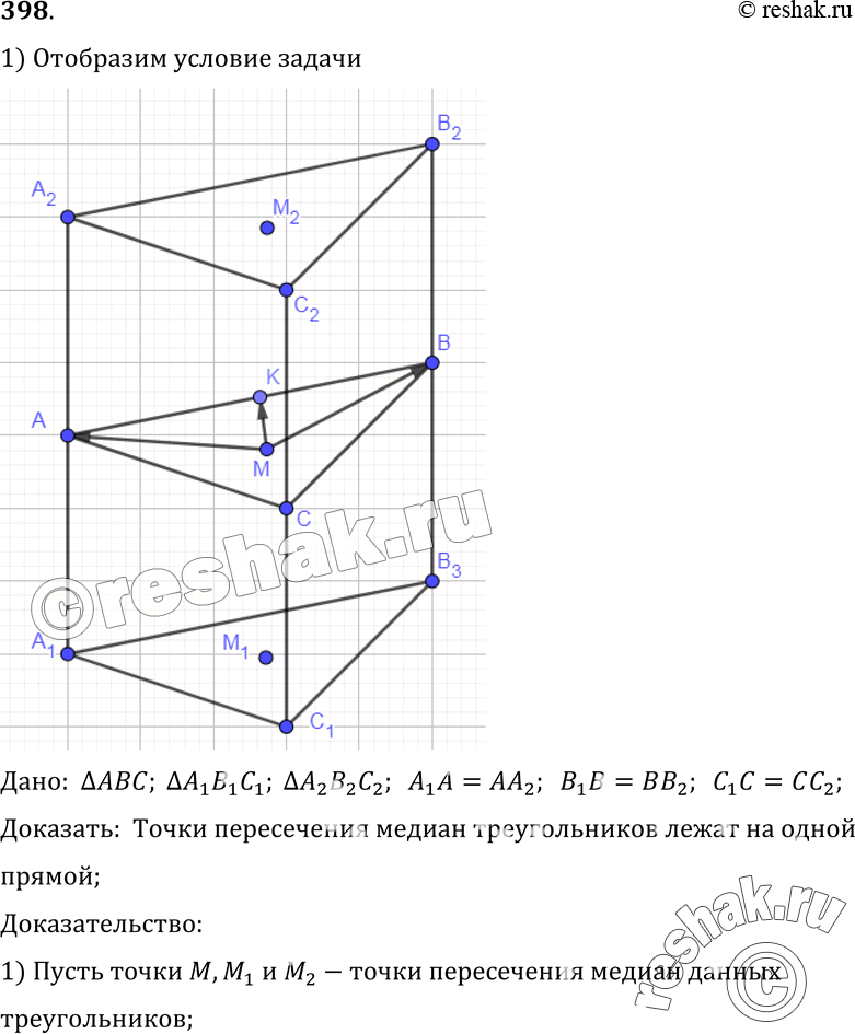 Изображение 398 Треугольники ABC, A1B1C1 и A2B2C2 расположены так, что точки А, В, C являются серединами отрезков A1A2, B1B2, C1C2 соответственно. Докажите, что точки пересечения...