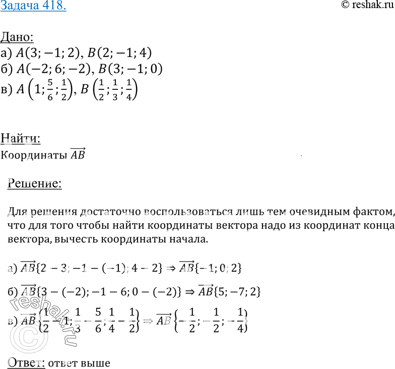 Изображение 418 Найдите координаты вектора AB, если: а) A (3; -1; 2), B (2; -1; 4); б) A(-2; 6;-2), B(3; -l;0); в) A(l;|;|j,...