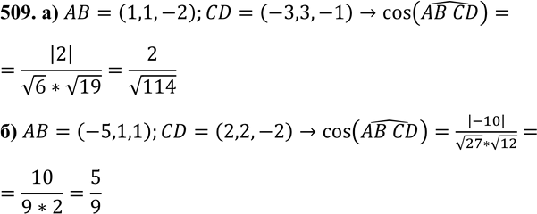 Изображение 509 Вычислите косинус угла между прямыми AB и CD, если: а) A (7; -8; 15), B (8; -7; 13), C (2; -3; 5), D (-1; 0; 4); б) A (8; -2; 3), B(3; -l;4), C(5; -2; 0), D(7; 0;...
