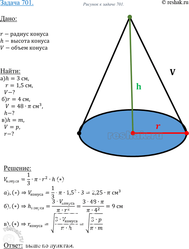 Изображение 701 Пусть h, r и V соответственно высота, радиус основания и объем конуса. Найдите:а) V, если h = 3 см, r = 1,5 см;б) h, если r - 4 см, V = 48л см3;в) r, если h =...