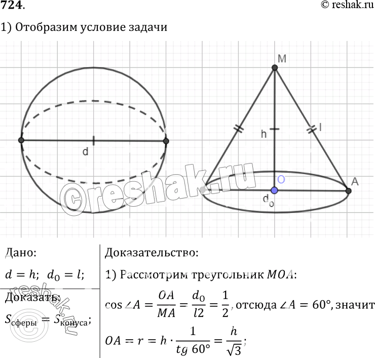 Изображение 724 Докажите, что площадь сферы равна площади полной поверхности конуса, высота которого равна диаметру сферы, а диаметр основания равен образующей...