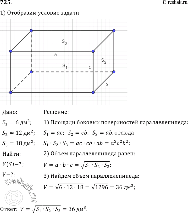 Изображение 725 Площади трех попарно смежных граней прямоугольного параллелепипеда равны S1, S2, S3. Выразите объем этого параллелепипеда через S1, S2, S3 и вычислите его при S1 = 6...