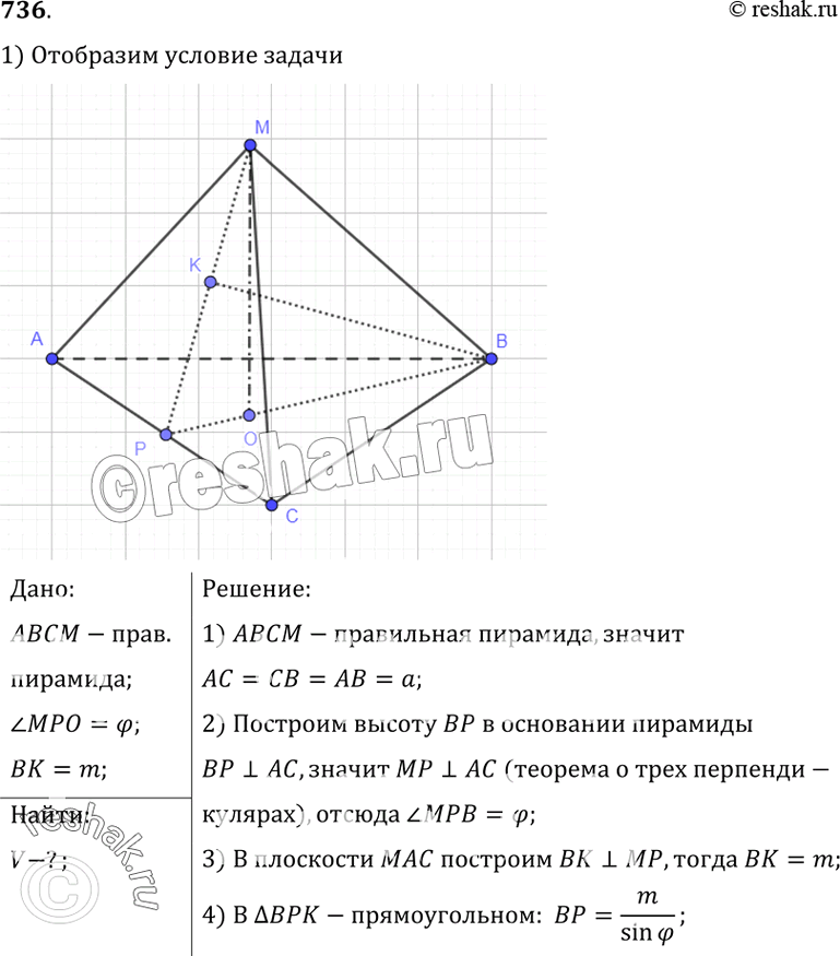 Изображение 736 Найдите объем правильной треугольной пирамиды, если боковая грань составляет с плоскостью основания угол ф, а не лежащая в этой грани вершина основания находится на...