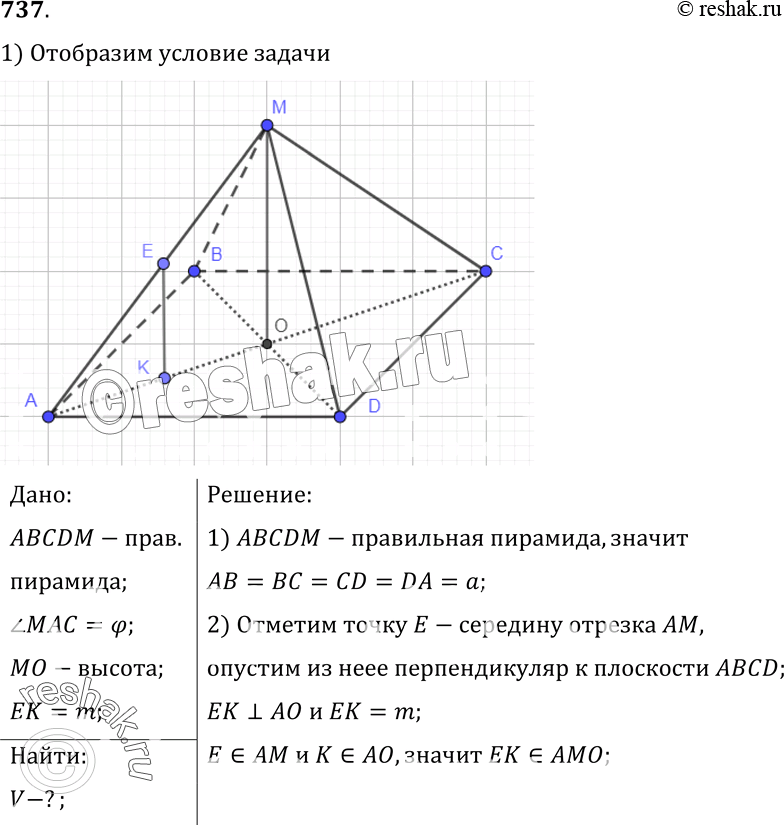 Изображение 737 Боковое ребро правильной четырехугольной пирамиды составляет с основанием угол ф, а середина этого ребра удалена от основания пирамиды на расстояние, равное т....