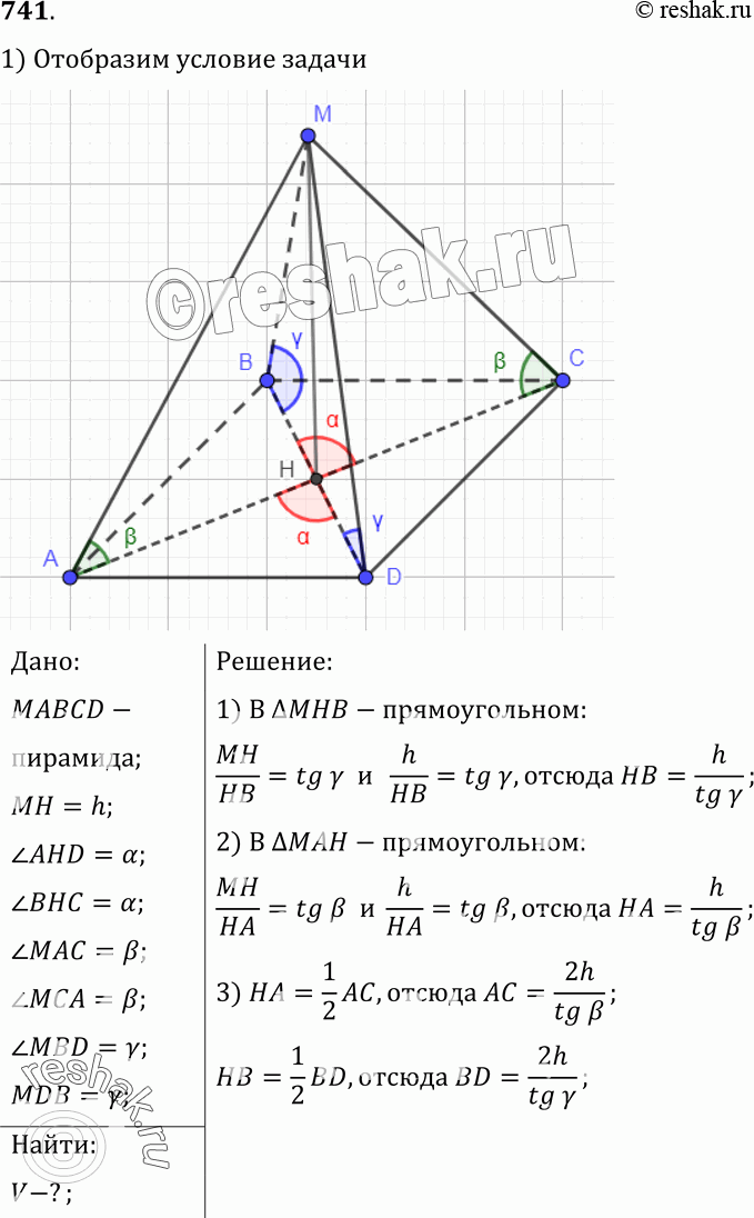 Изображение 741 Основанием четырехугольной пирамиды, высота которой равна H, является параллелограмм. Диагонали параллелограмма пересекаются под углом а. Попарно равные...