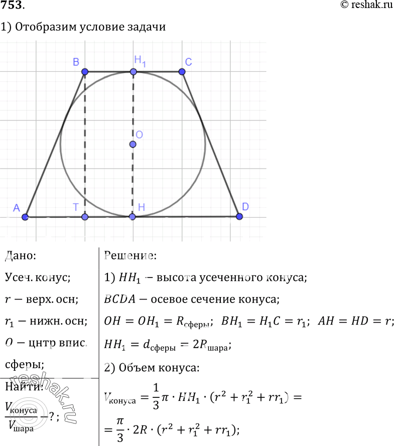 Изображение 753 B усеченный конус, радиусы оснований которого равны r и r,, вписан шар. Найдите отношение объемов усеченного конуса и...