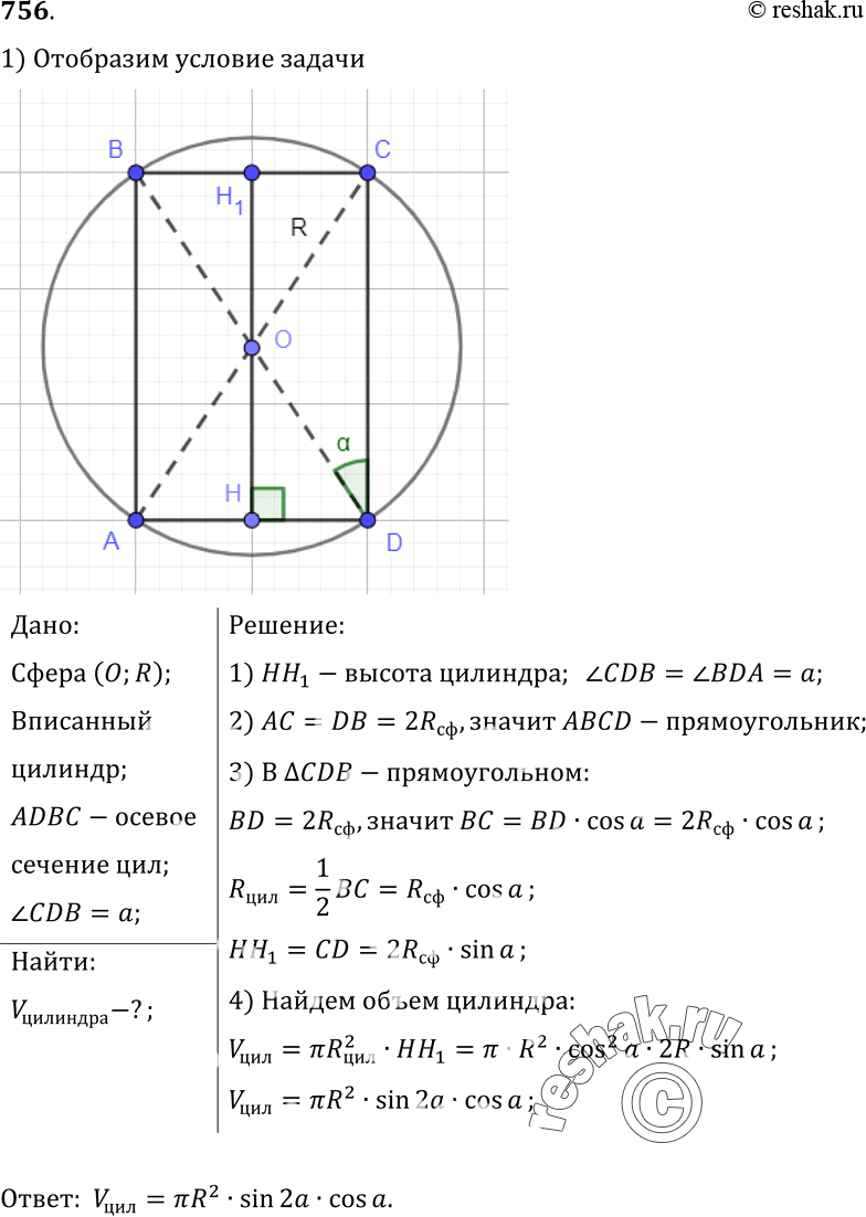 Изображение 756	B сферу радиуса R вписан цилиндр, диагональ осевого сечения которого составляет с основанием угол а. Найдите объем...