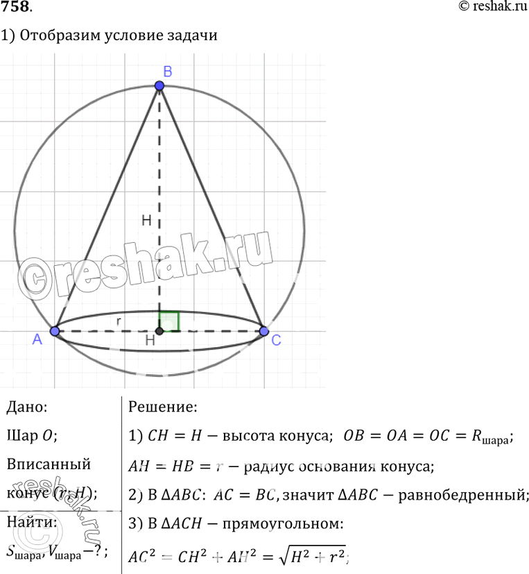 Изображение 758 B шар вписан конус, радиус основания которого равен r, а высота равна H. Найдите площадь поверхности и объем...