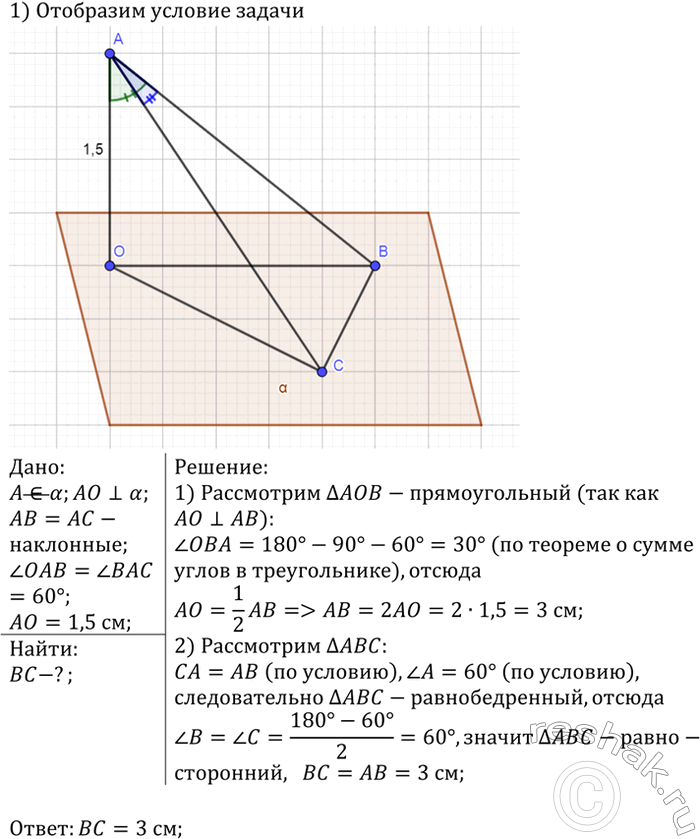 ����������� �� ����� �, �� ������������� ��������� �, ��������� � ���� ��������� ������������� AO � ��� ������ ��������� AB � AC. ��������, ��� ZOAB = ZBAC = 60�, AO = 1,5 ��....