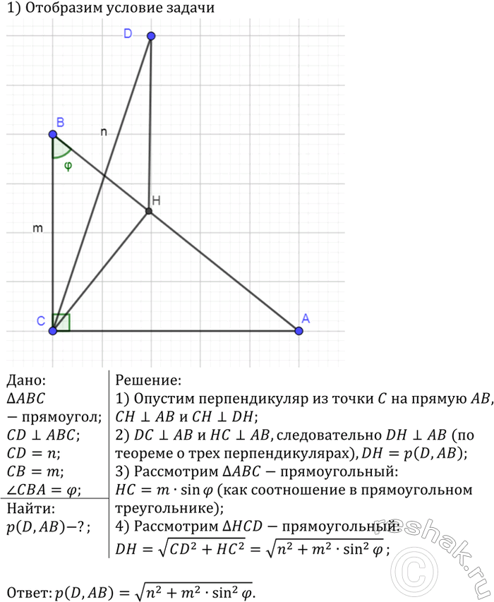 ����������� ���� �� ������� �������������� ������������ ABC ����� m, � ������ ����, ���������� � ����� ������, ����� �. ����� ������� ������� ���� C ��������� ������ CD,...
