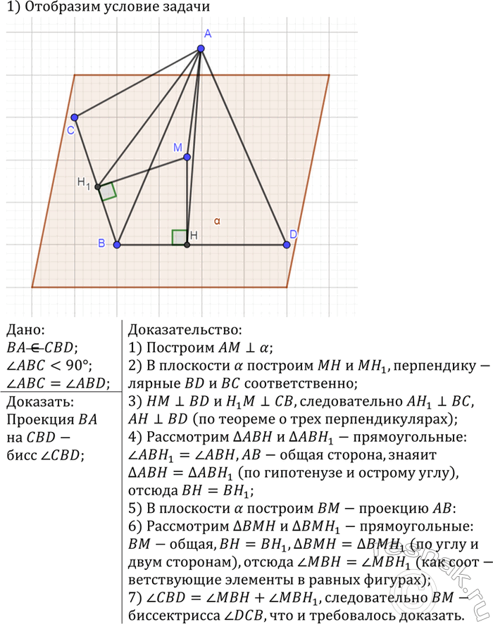 ����������� ��� BA �� ����� � ��������� �������������� ���� CBD. ��������, ��� ���� ZABC = ZABD, ������ ZABC < 90�, �� ��������� ���� BA �� ��������� CBD �������� ����������� ����...