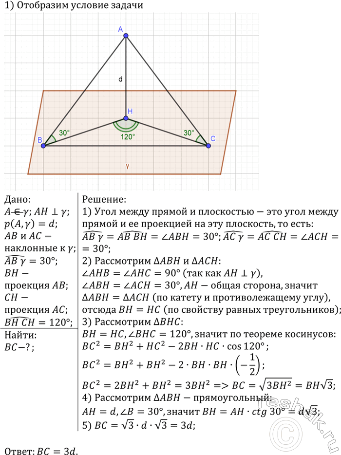 ����������� �� ����� �, ��������� �� ��������� � �� ���������� d, ��������� � ���� ��������� ��������� AB � AC ��� ����� 30� � ���������. �� �������� �� ��������� � �������� ���� �...