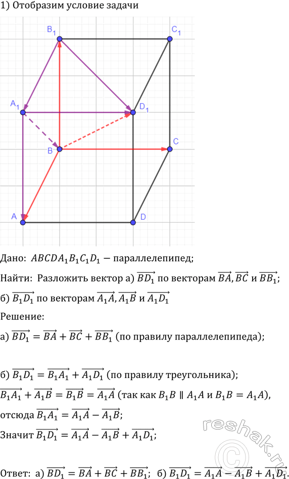 ����������� ��� �������������� ABCDA1B1C1D1. �) ��������� ������ BD1 �� �������� BA,BC � BB1. �) ��������� ������ B1D1 �� �������� A1A, A1B �...