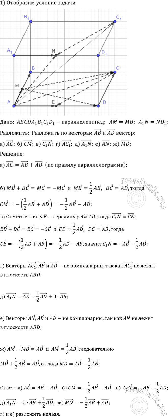 ����������� ����� M � N �������� ���������� ����� AB � A1D1 ��������������� ABCDA1B1C1D1.���������, ���� ��� ��������, �� ��������AB � AD ������: �) AC; �) CM; �) C1N;�)	AC1;...