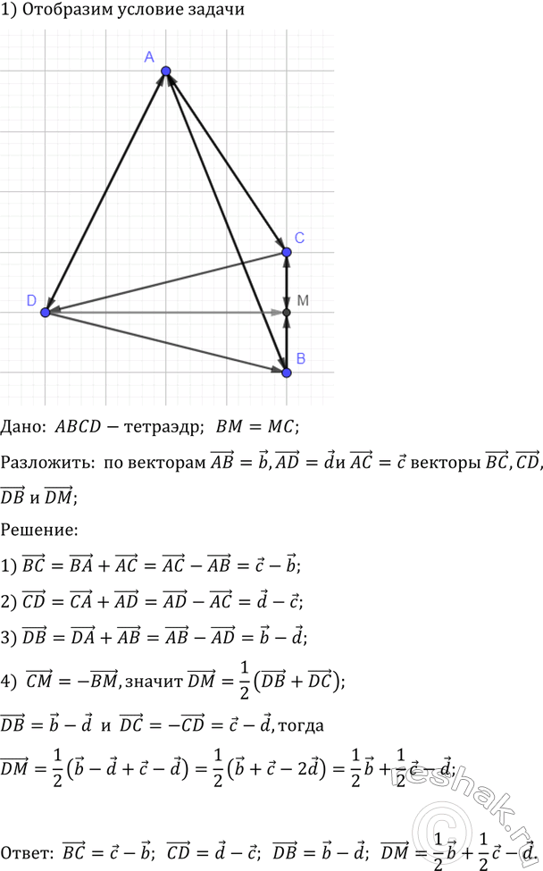 ����������� B ��������� ABCD ����� M � �������� ����� ��. �������� ����� ������� b = AB, � = AC � d = AD ��������� �������: ��, CD, DB �...