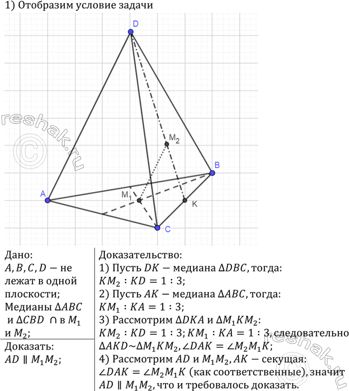 ����������� ����� �, �, C � D �� ����� � ����� ���������. ������� ������������� ABC � CBD ������������ �������������� � ������ M1 � M2. ��������, ��� ������� AD � M1M2...