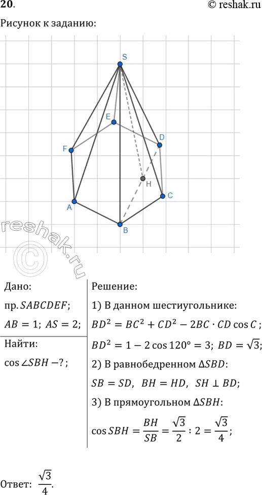 ����������� � ���������� ������������� �������� SABCDEF ������� ��������� ����� 1, � ������� ����� ����� 2. ������� ������� ���� ����� ������� SB �...