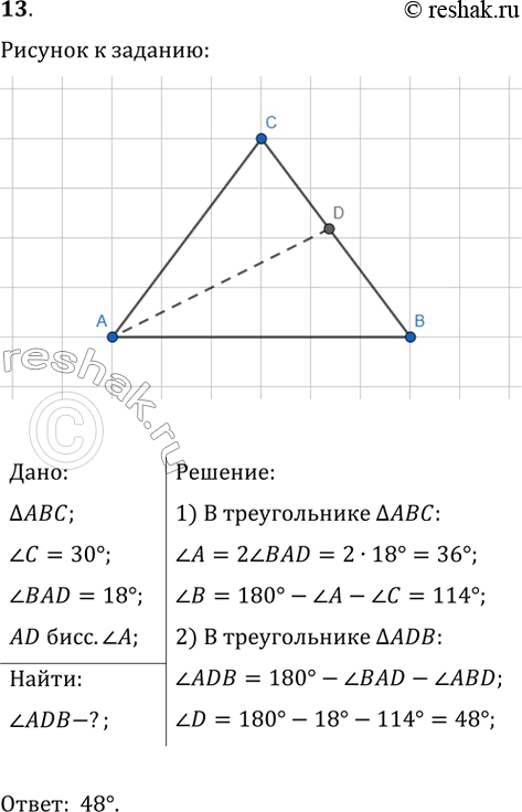 ����������� � ������������ ��� ������� AD � �����������, ���� � ����� 30�, ���� BAD ����� 18�. ������� ���� ADB. ����� ����� �...