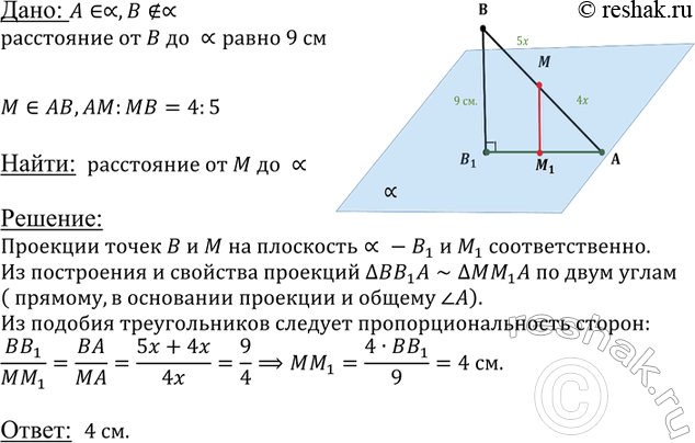 ����������� ������ ����� � ��������� �, a ����� B ������� �� ���� ��������� �� ���������� 9 ��. ����� M ����� ������� AB � ��������� 4 : 5, ������ �� ����� �. ������� ���������� ��...