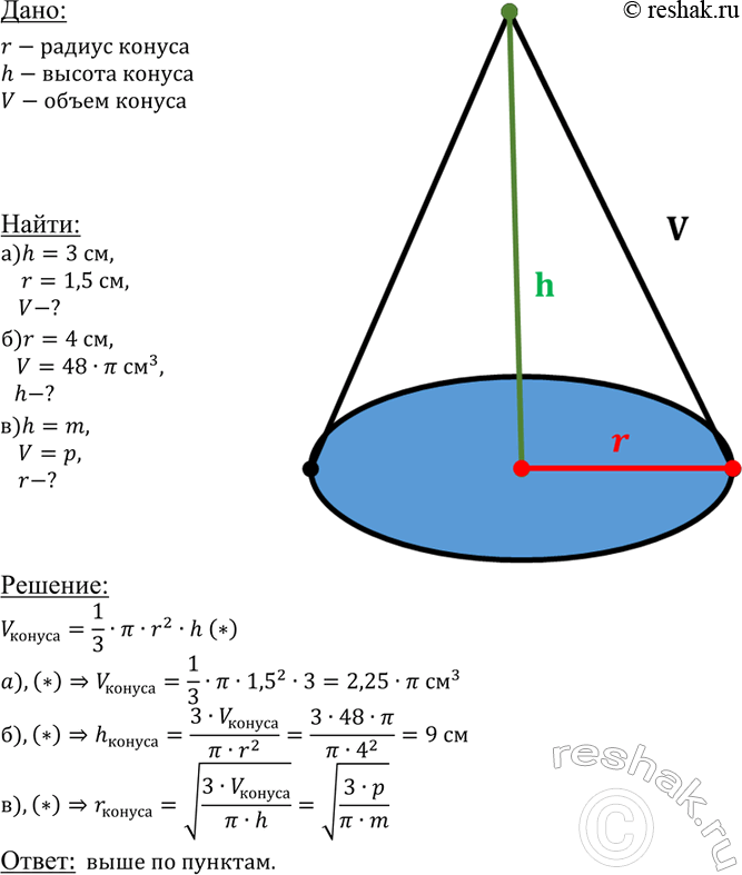����������� ����� h, r � V �������������� ������, ������ ��������� � ����� ������. �������:�) V, ���� h = 3 ��, r = 1,5 ��;�) h, ���� r - 4 ��, V = 48� ��3;�) r, ���� h = m, V...