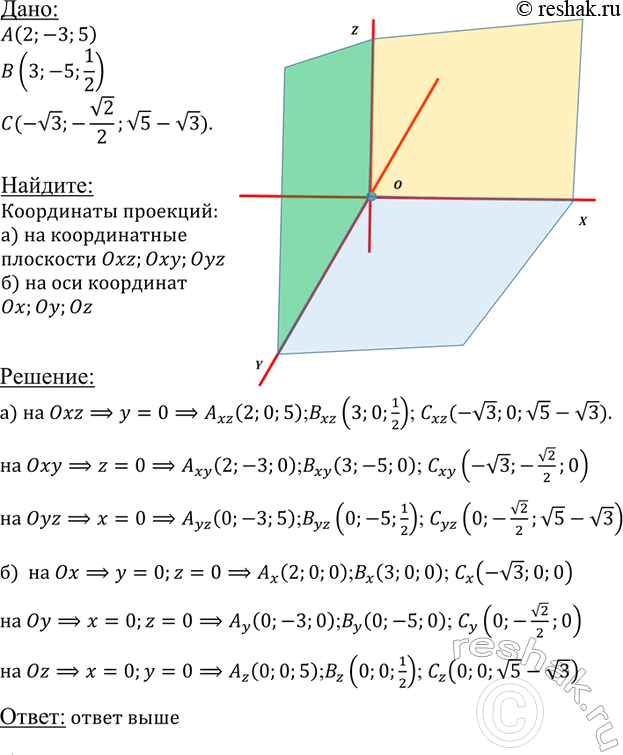 ����������� ������� ���������� �������� ����� A (2; -3; 5), B (�; -5; i ) � c(