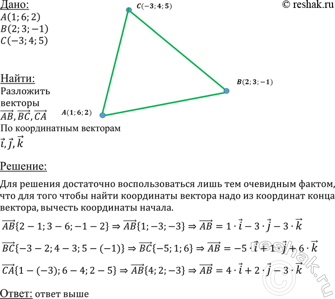 ����������� ������� ������������ ABC ����� ����������: A (1; 6; 2), B (2; 3; -1), C (-3; 4; 5). ��������� ������� AB, BC � CA �� ������������ �������� i, j �...