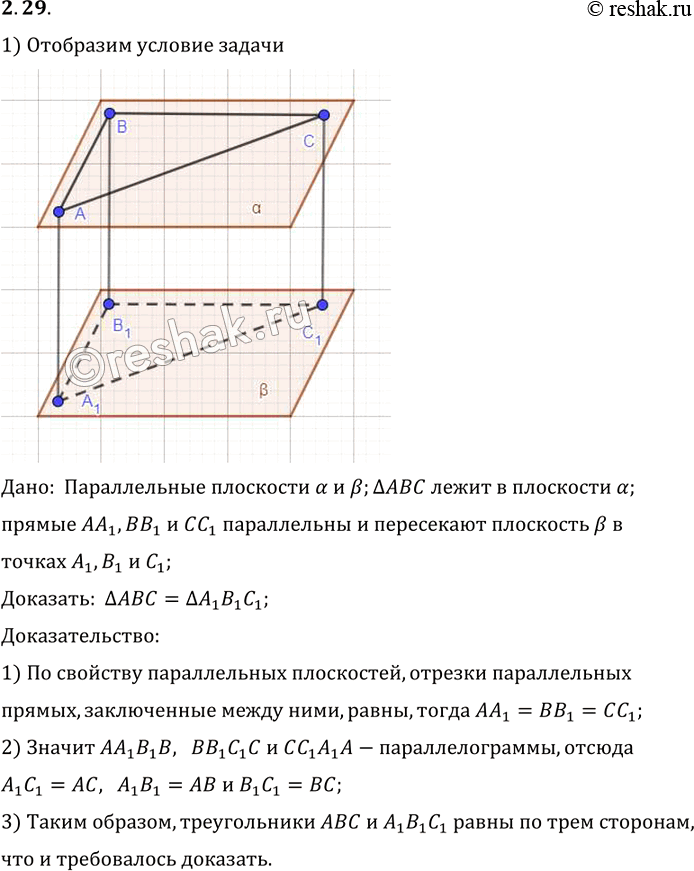 Изображение Через вершины треугольника ABC, лежащего в одной из двух параллельных плоскостей, проведены параллельные прямые, пересекающие другую плоскость в точках A1, B1, C1....