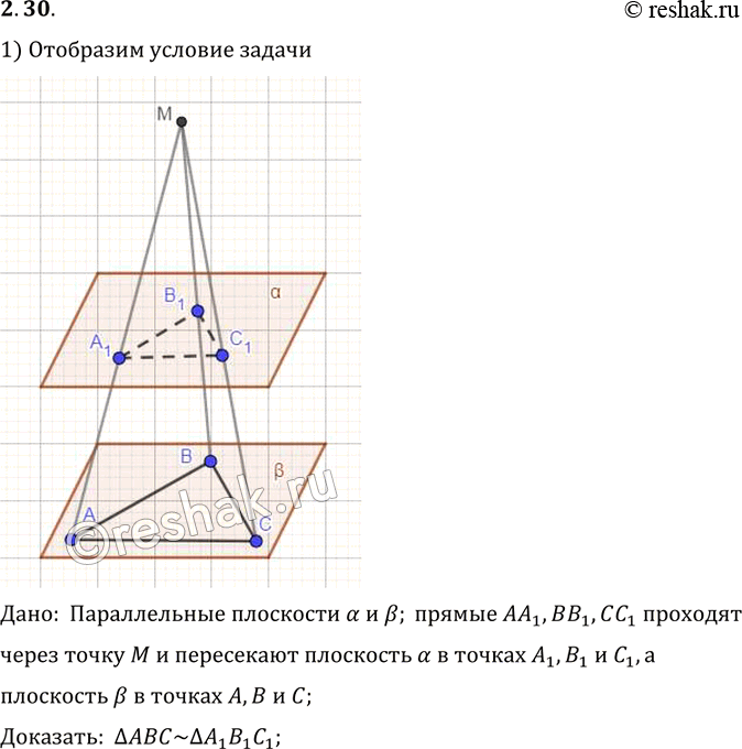 Изображение Три прямые, проходящие через одну точку, пересекают данную плоскость в точках A, B, C, а параллельную ей плоскость в точках A1, B1, C1. Докажите подобие треугольников...