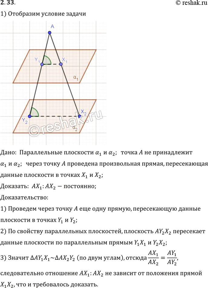 Изображение Даны две параллельные плоскости а1 и а2 и точка A, не лежащая ни в одной из этих плоскостей. Через точку A проведена произвольная прямая. Пусть X1 и X2 —...